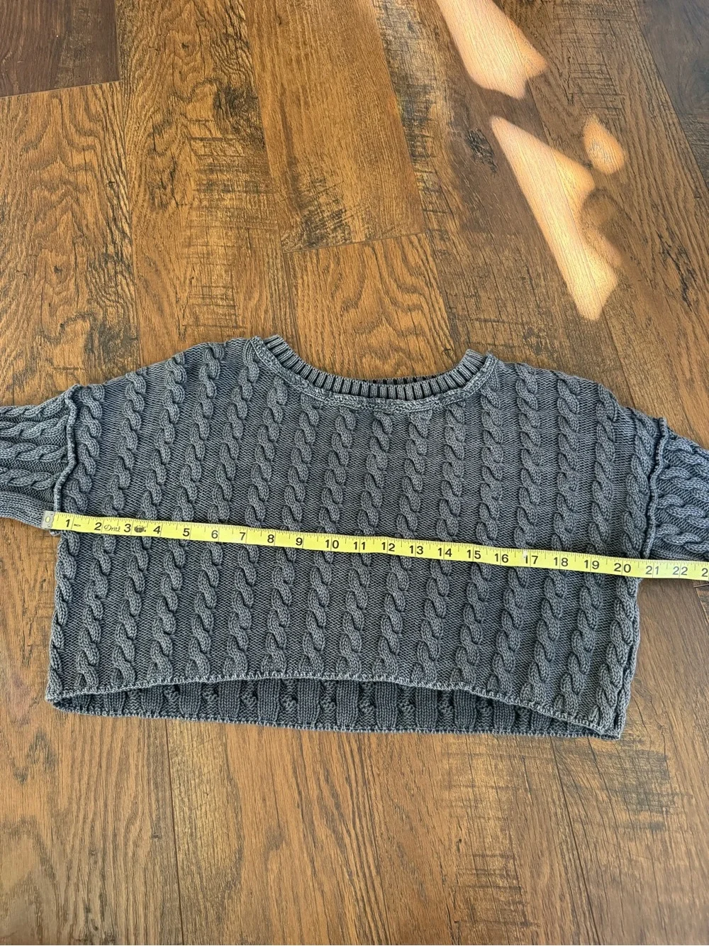 Free People Charcoal Gray Cropped Cable Knit Long Sleeve Cotton Sweater